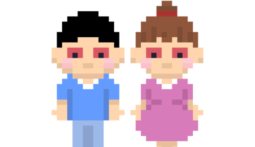 花粉症で目が赤くなった男の子と女の子のドット絵イラスト フリー素材