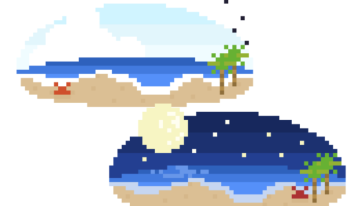 海岸（昼・夜）のドット絵イラスト フリー素材